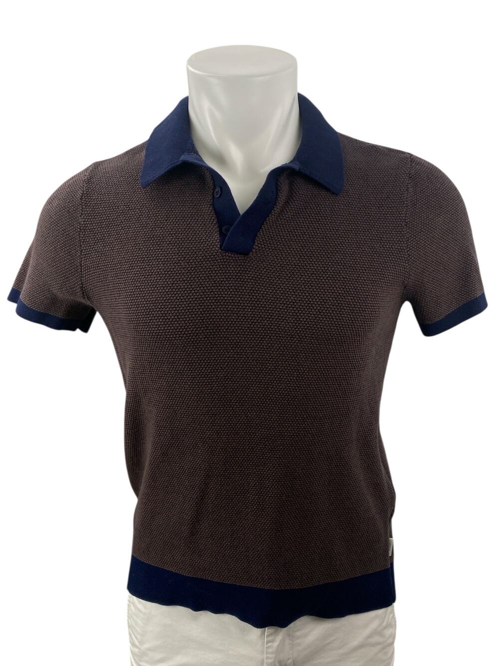 Onia Men's Brown Navy Blue Short Sleeve Knit Golf Casual Polo Shirt Top Size S
